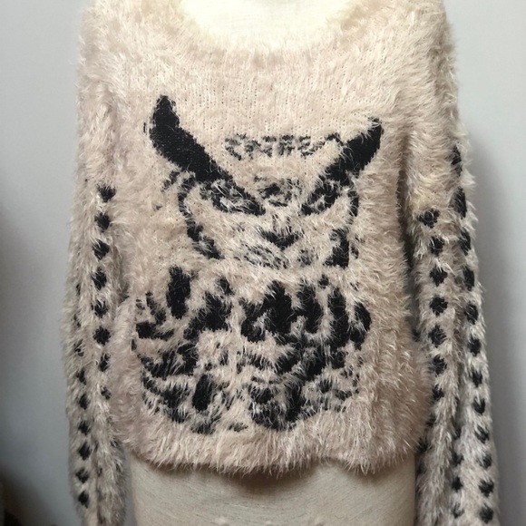 GUESS Owl animal print long sleeve shaggy fur fuzzy crop sweater Y2K small - Picture 1 of 10